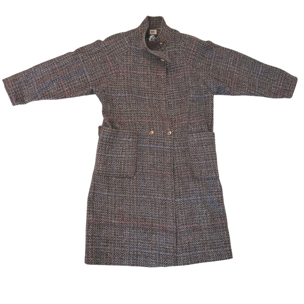 VTG 80s Pure New Wool Oversize Tweed Trench Coat Multi Herringbone Windowpane 16
